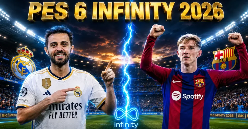 PES 6 Infinity Patch 2026-2027 banner featuring Bernardo Silva in Real Madrid kit and Anthony Gordon in Barcelona kit inside a stadium
