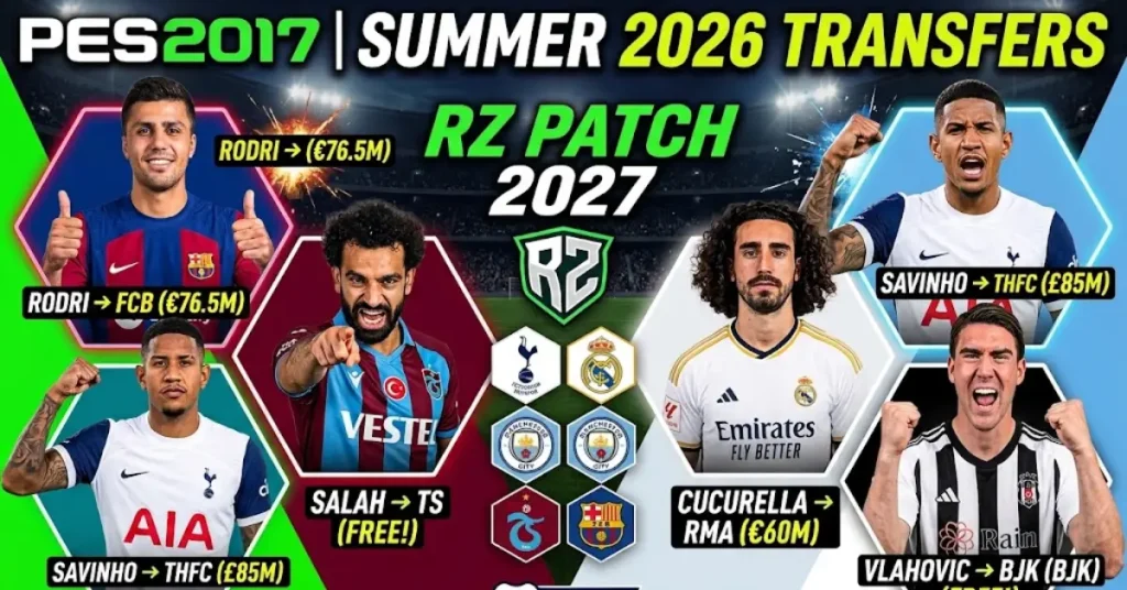 How to Download and Install PES 2017 RZ Patch 2027 AIO step-by-step tutorial banner featuring 2027 player transfers including Rodri, Dušan Vlahović, and Mohamed Salah.