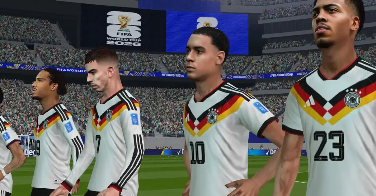 PES 6 World Cup 2026 Patch gameplay screenshot showing updated player models, kits, and match graphics.