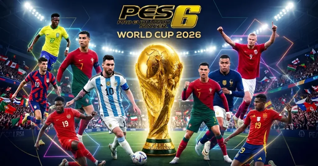 PES 6 World Cup 2026 Patch feature banner showing updated squads, World Cup stadiums, HD crowds, and modern graphics.