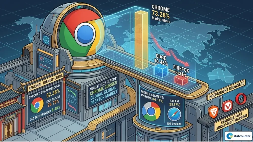 Global desktop browser market share comparison graph for August 2026 showing Chrome, Edge, and Firefox