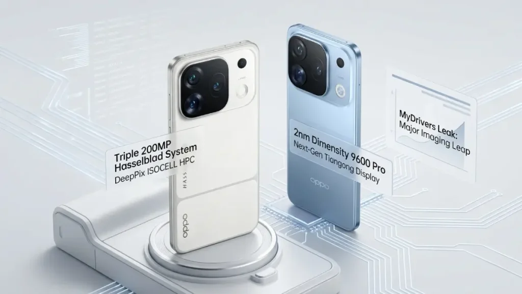 OPPO Find X10 Pro Max render leak showing Hasselblad white and blue models with triple 200MP camera system, 2nm Dimensity 9600 Pro chip, and DeepPix ISOCELL HPC sensor technology.