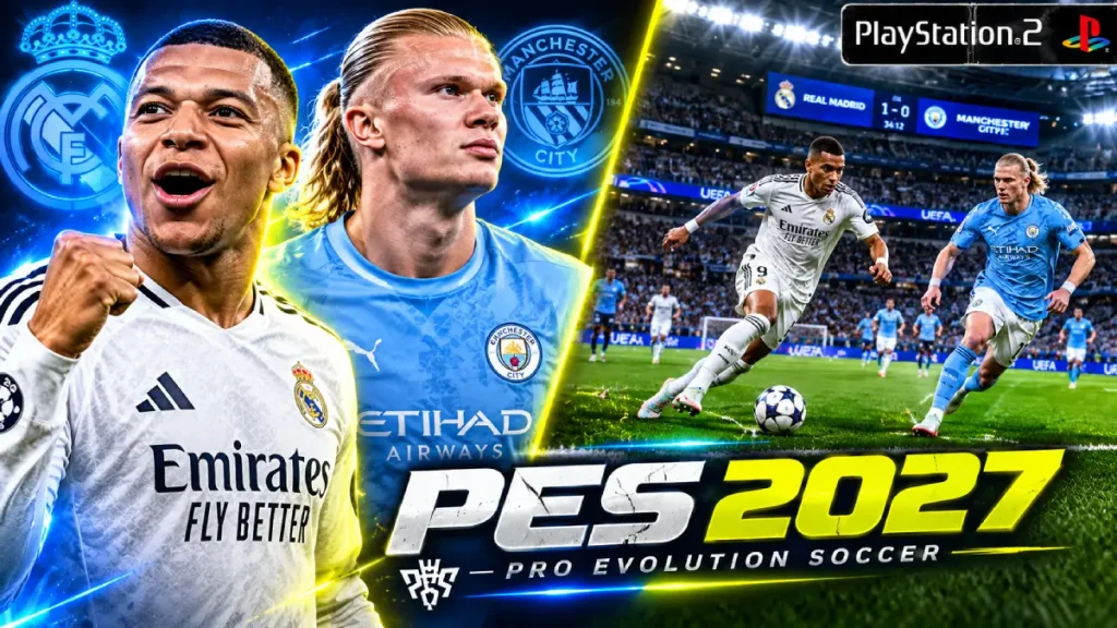 PES 2027 PS2 ISO cover featuring Mbappe and Haaland with 2026 2027 new season kits
