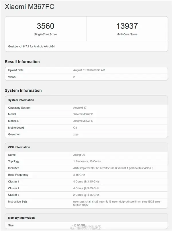 Geekbench 6 leak score sheet for Xiaomi M367FC prototype