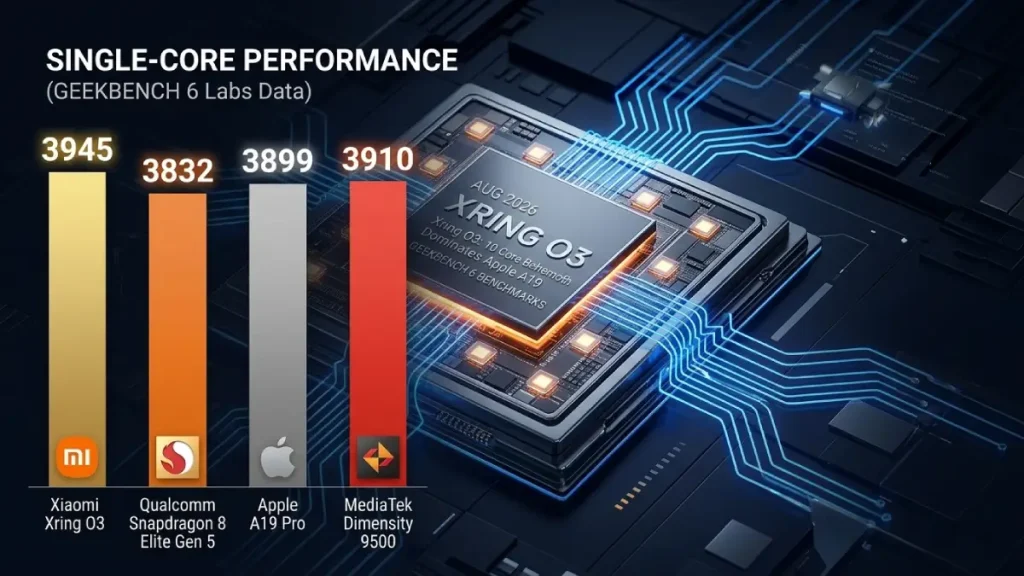 Single-core performance bar chart comparing Xiaomi Xring O3 score of 3945 against Snapdragon, Apple, and MediaTek.